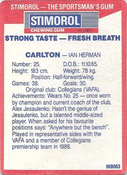1990 AFL Scanlens Stimorol #89 Ian Herman Back